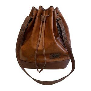 Carlo Rino Distressed Leather Tote Shoulder Bag Drawstring Close Brown
